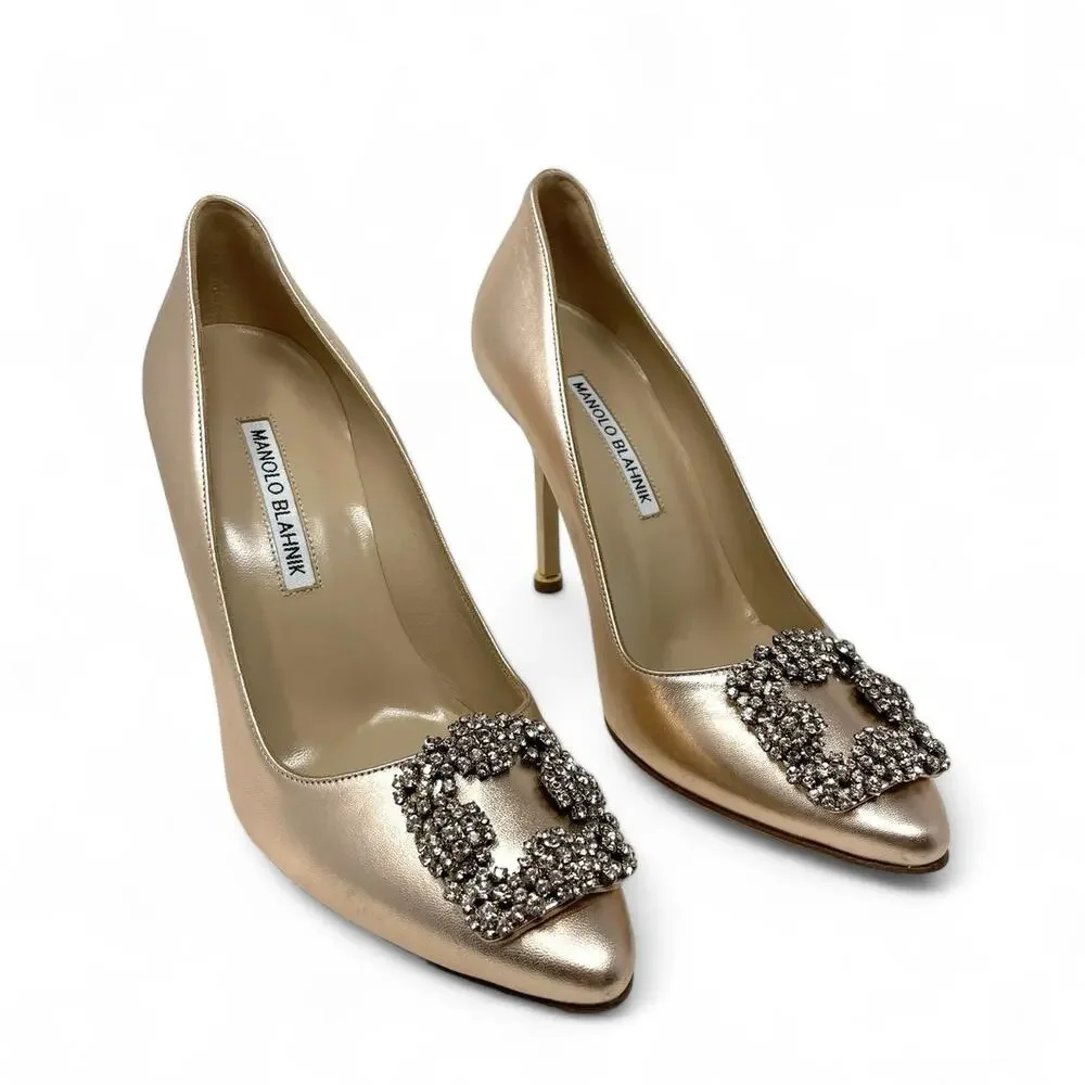 Manolo Blahnik Hangisi Rose Gold Metallic Leather Crystal Buckle Pump Heel EU 37 - Picture 2 of 14